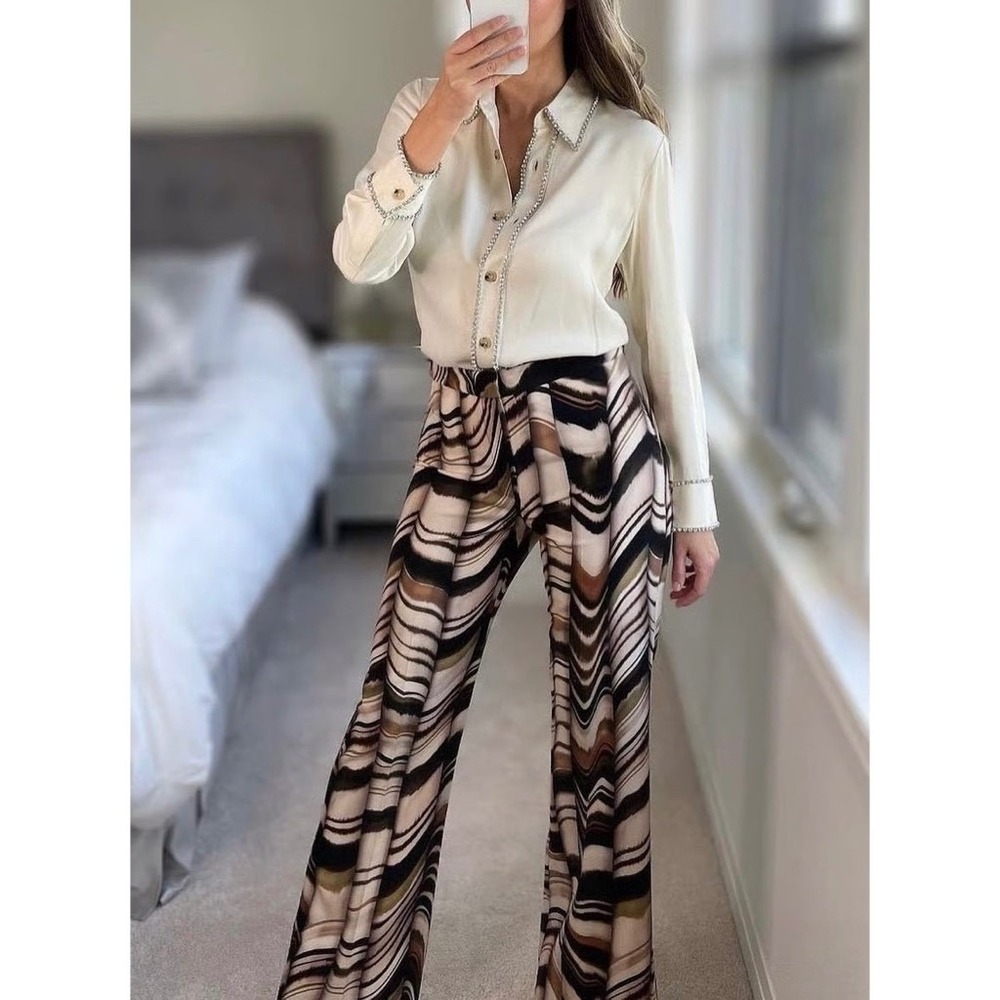 ZARA Printed Flare Pants Brown Green Stripes Blogger Favorite Chic Party X-Small - Picture 7 of 16